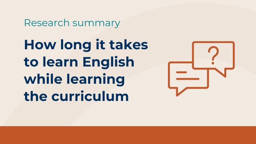 Thumbnail reading 'Research summary: How long it takes to learn English while learning the curriculum' with icon of speech bubbles